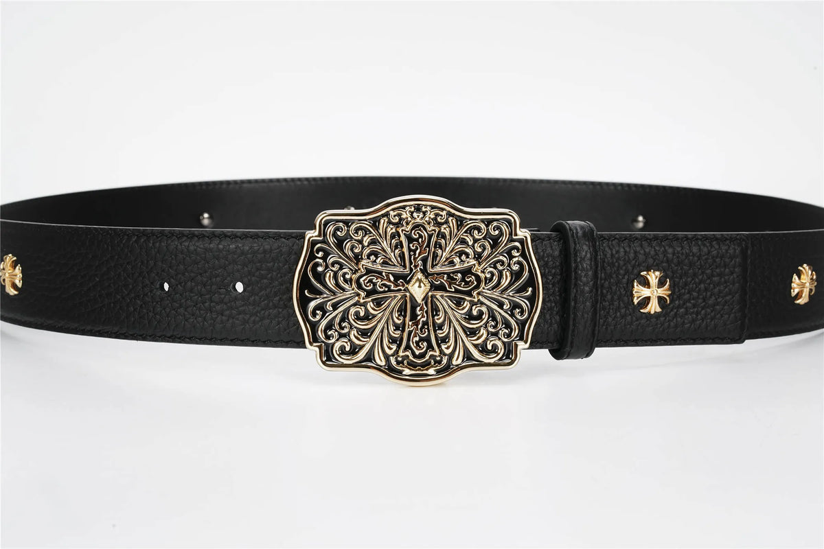 Ornate Cross Buckle Belt | Black & Gold