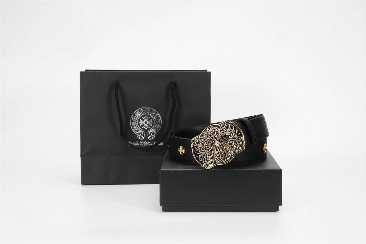 Ornate Cross Buckle Belt | Black & Gold