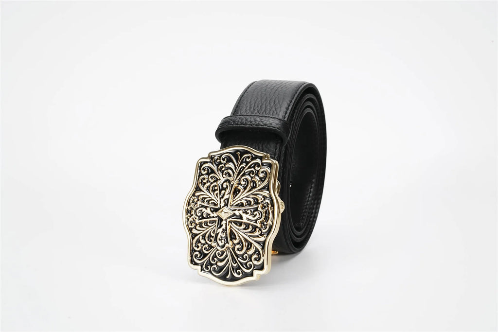 Ornate Cross Buckle Belt | Black & Gold