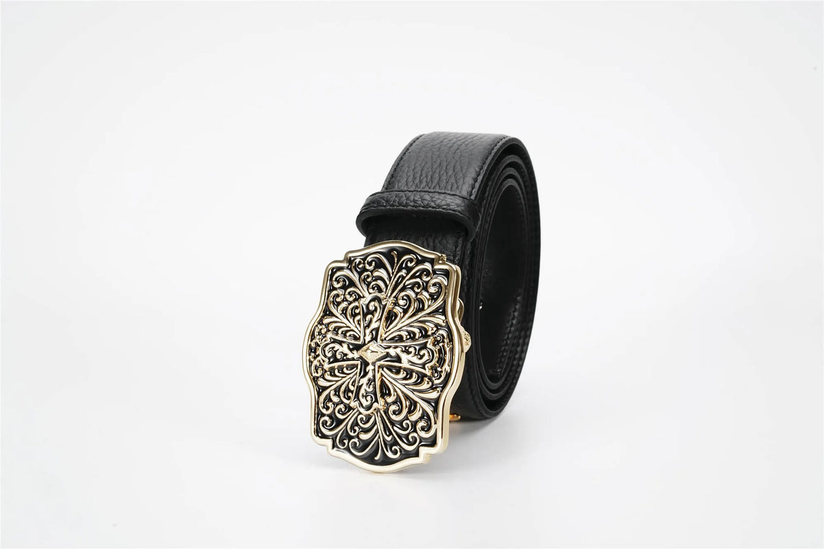Ornate Cross Buckle Belt | Black & Gold