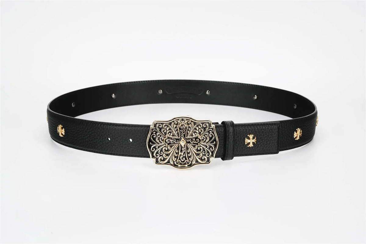 Ornate Cross Buckle Belt | Black & Gold